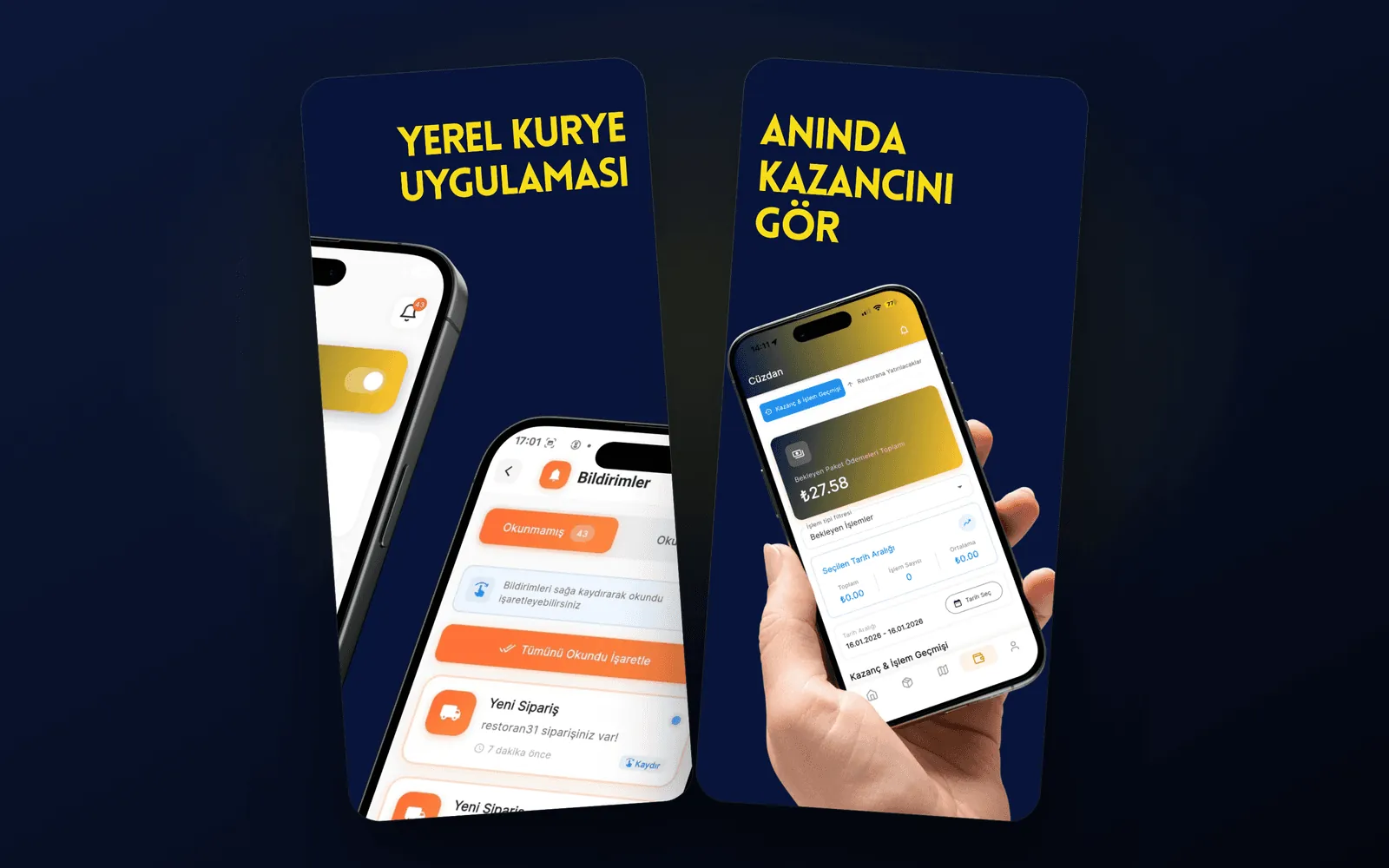 Açsan Gelsin — yerel kurye uygulaması ve anlık kazanç takibi ekranları