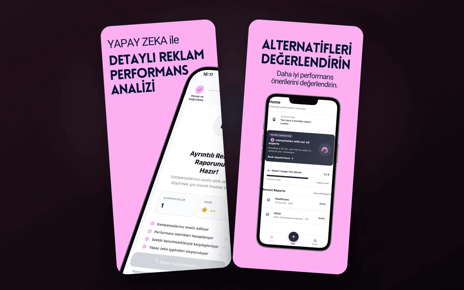 Adrep AI — yapay zekâ ile detaylı reklam performans analizi ve alternatif önerileri ekranları