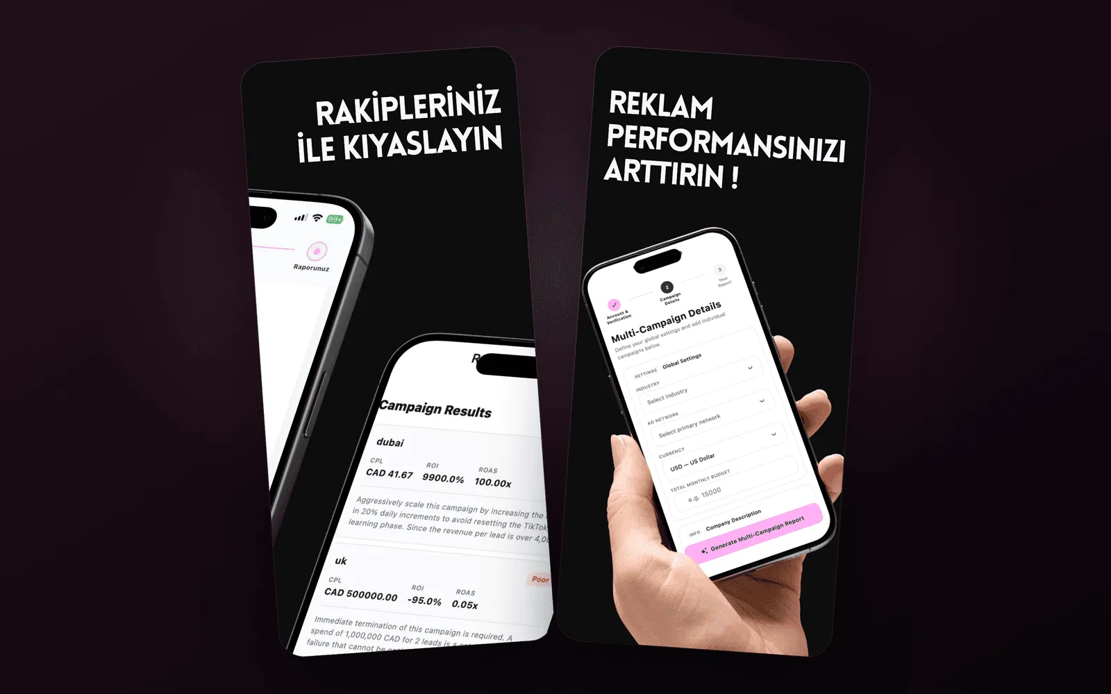 Adrep AI — rakip kıyaslama ve reklam performansı artırma ekranları