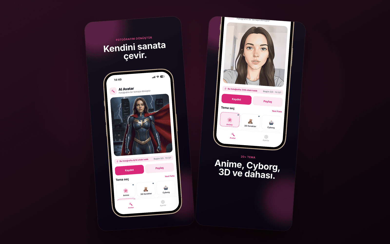 AI Avatar — fotoğrafı yapay zekâ ile sanatsal temaya dönüştürme ekranları