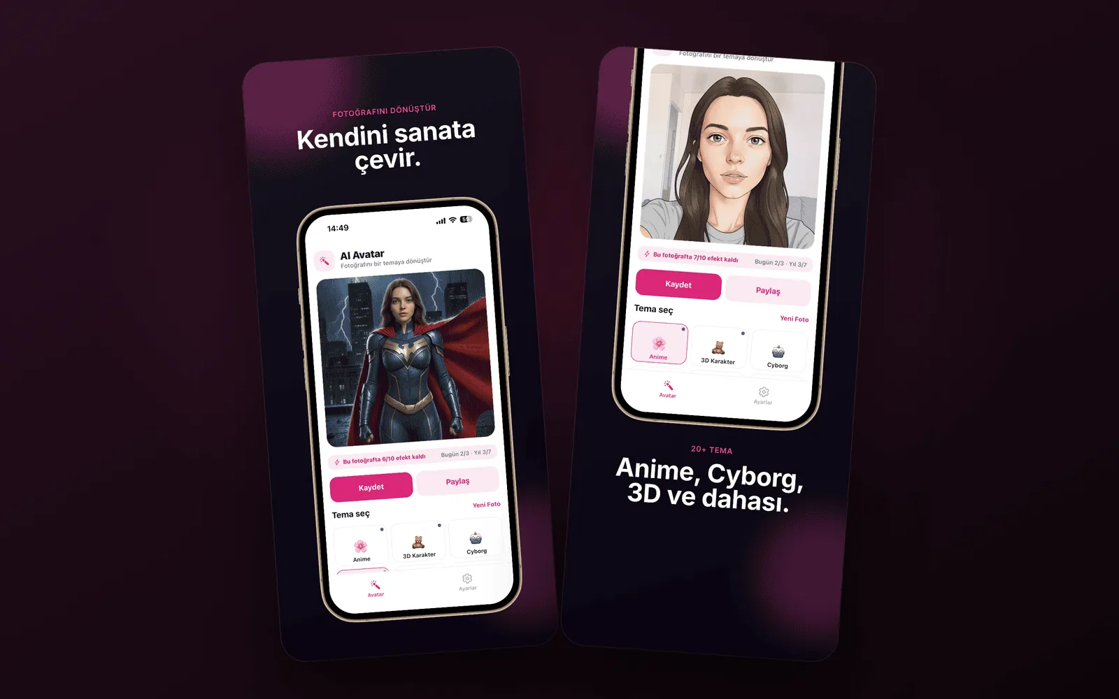 AI Avatar — fotoğrafı yapay zekâ ile sanatsal temaya dönüştürme ekranları