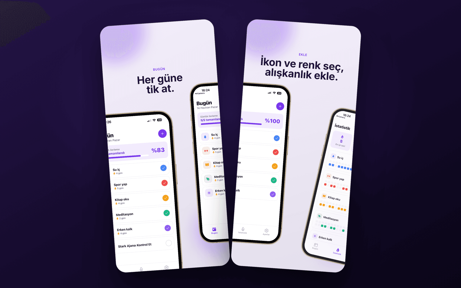 Alışkanlık — bugünün listesi ve alışkanlık ekleme ekranları