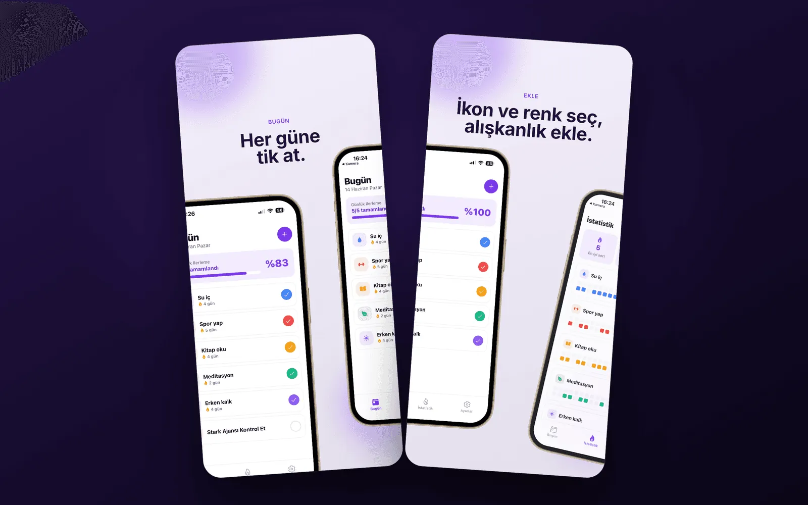 Alışkanlık — bugünün listesi ve alışkanlık ekleme ekranları