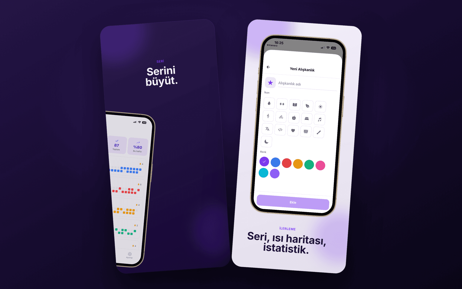Alışkanlık — streak serisi ve ısı haritası ilerleme ekranları