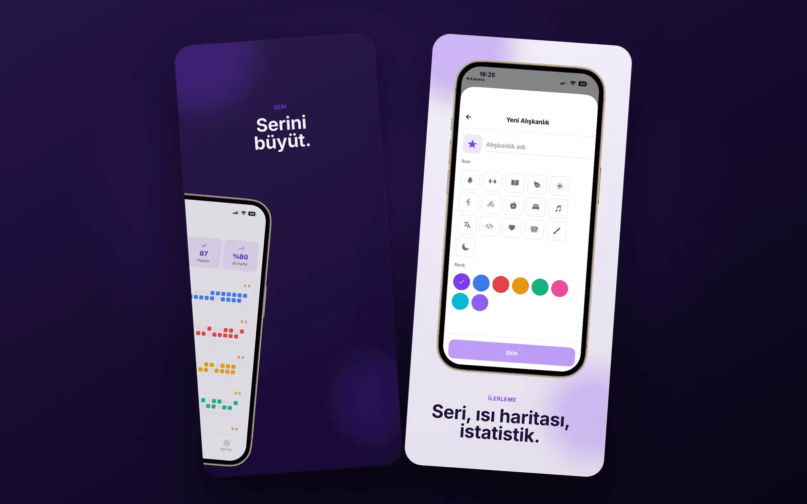 Alışkanlık — streak serisi ve ısı haritası ilerleme ekranları