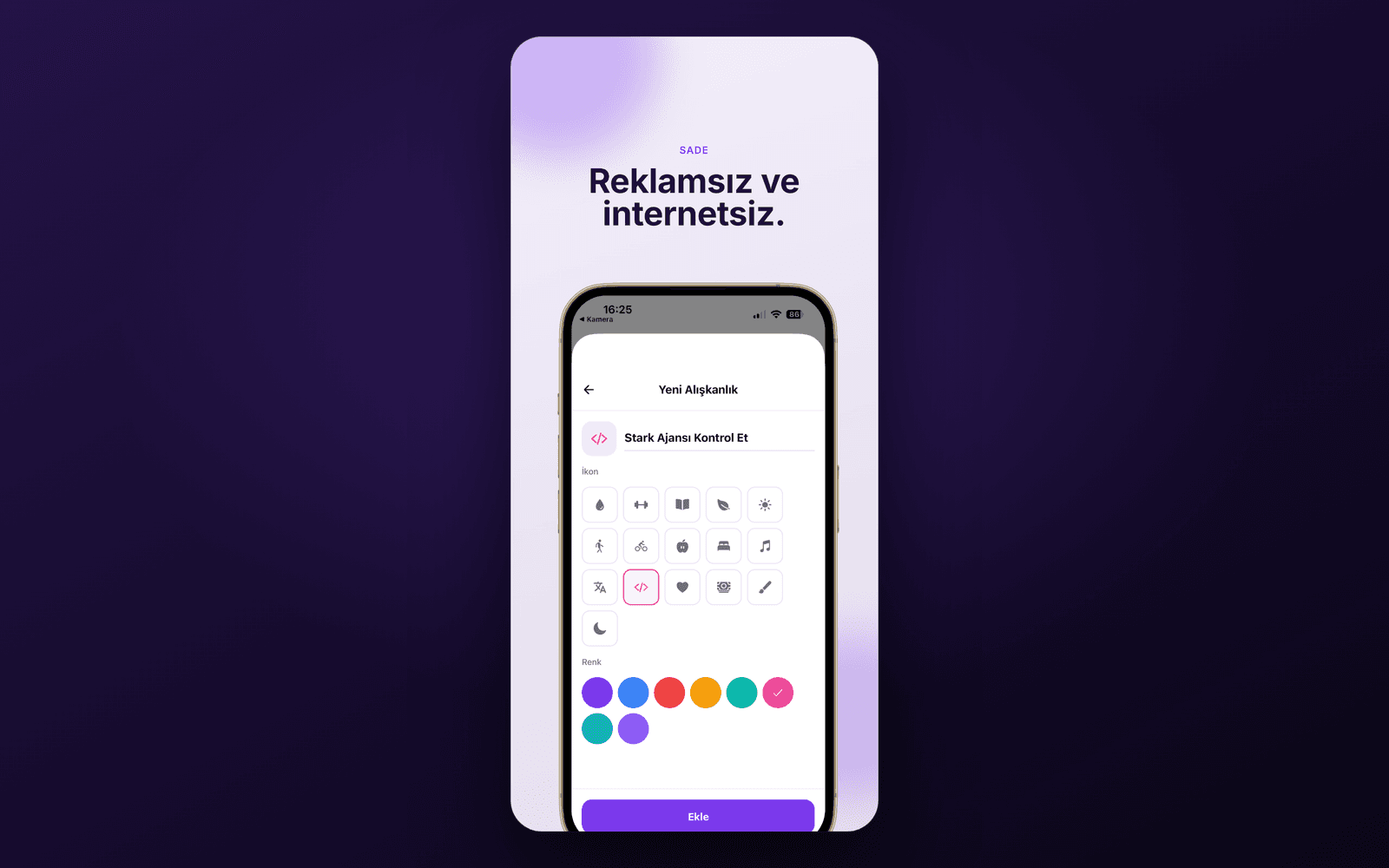 Alışkanlık — reklamsız, çevrimdışı ayarlar ekranı