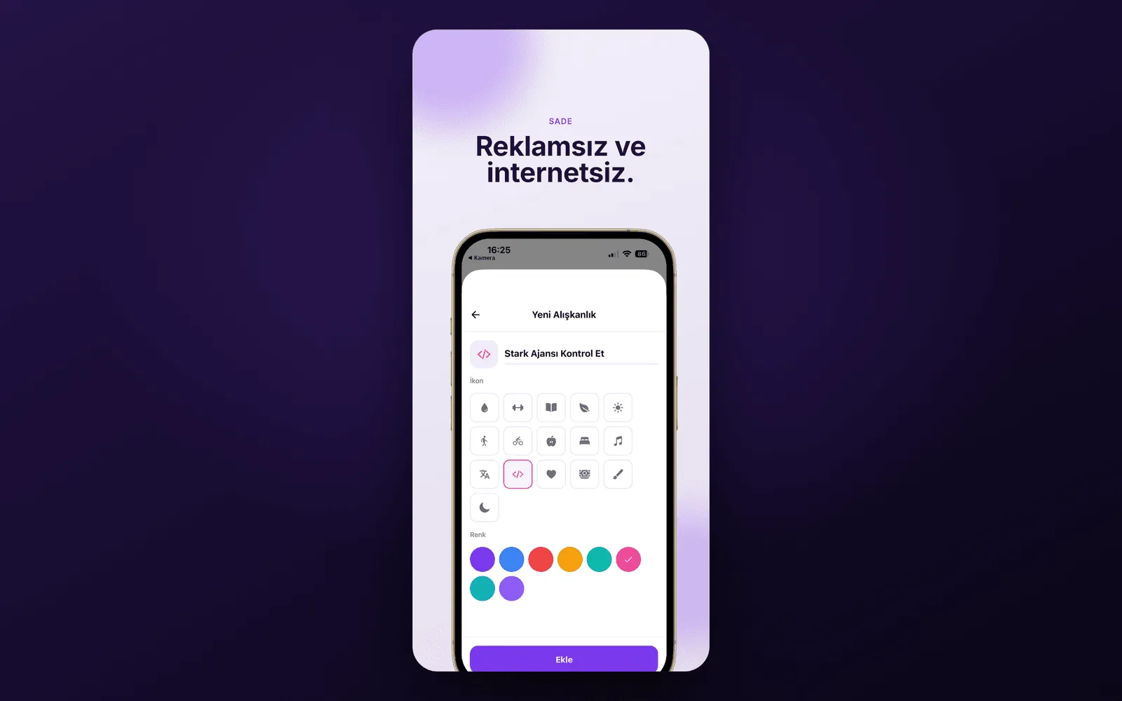Alışkanlık — reklamsız, çevrimdışı ayarlar ekranı