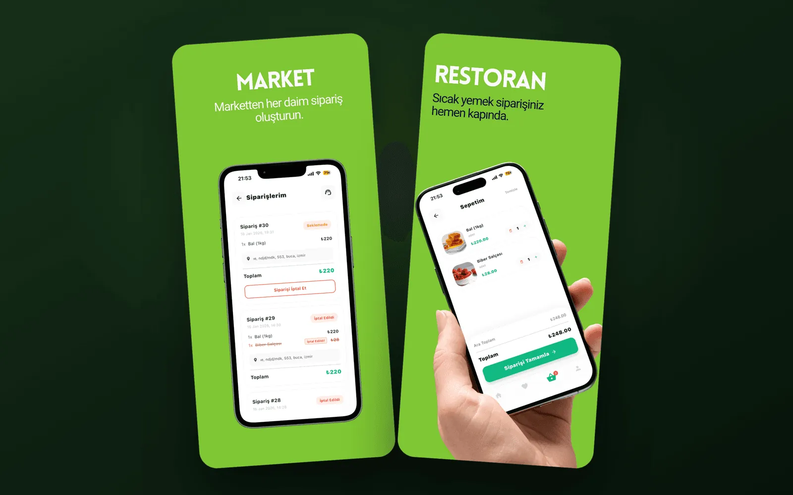 Bademler Koop — market alışverişi ve restoran sipariş ekranları