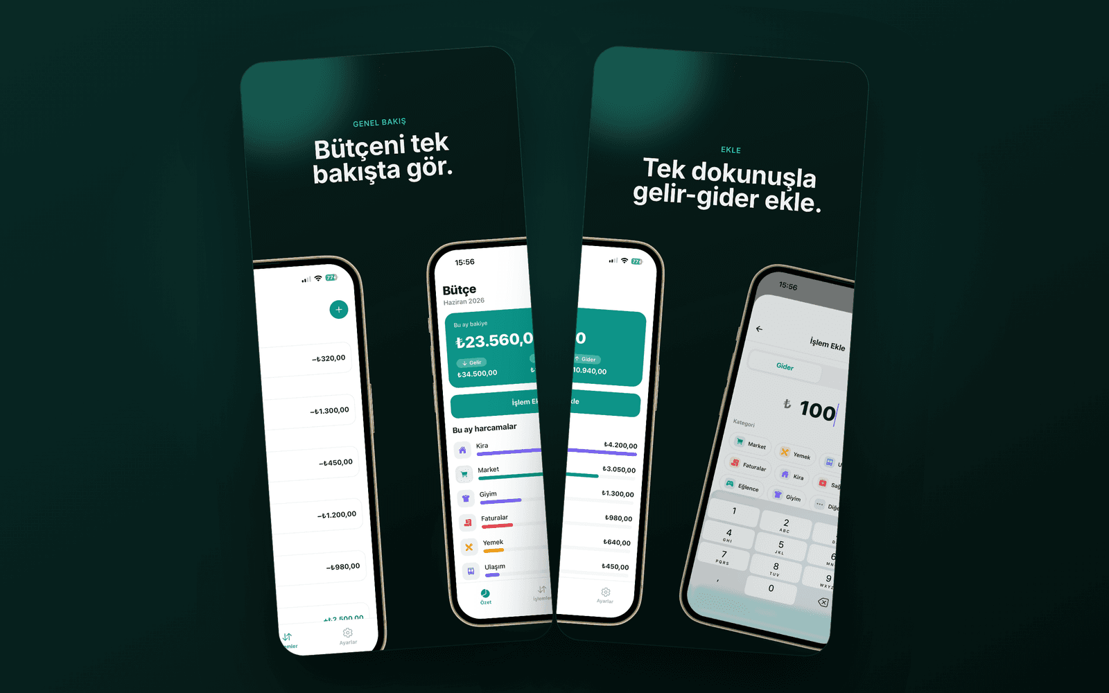 Bütçe — aylık genel bakış ve gelir-gider ekleme ekranları