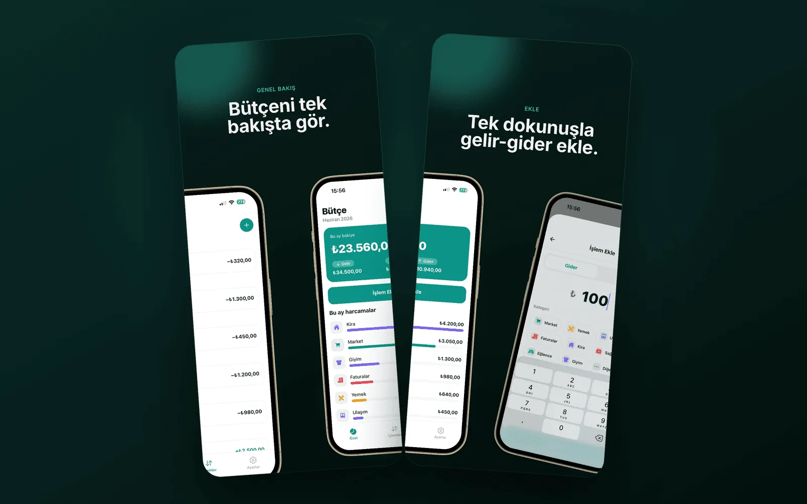 Bütçe — aylık genel bakış ve gelir-gider ekleme ekranları