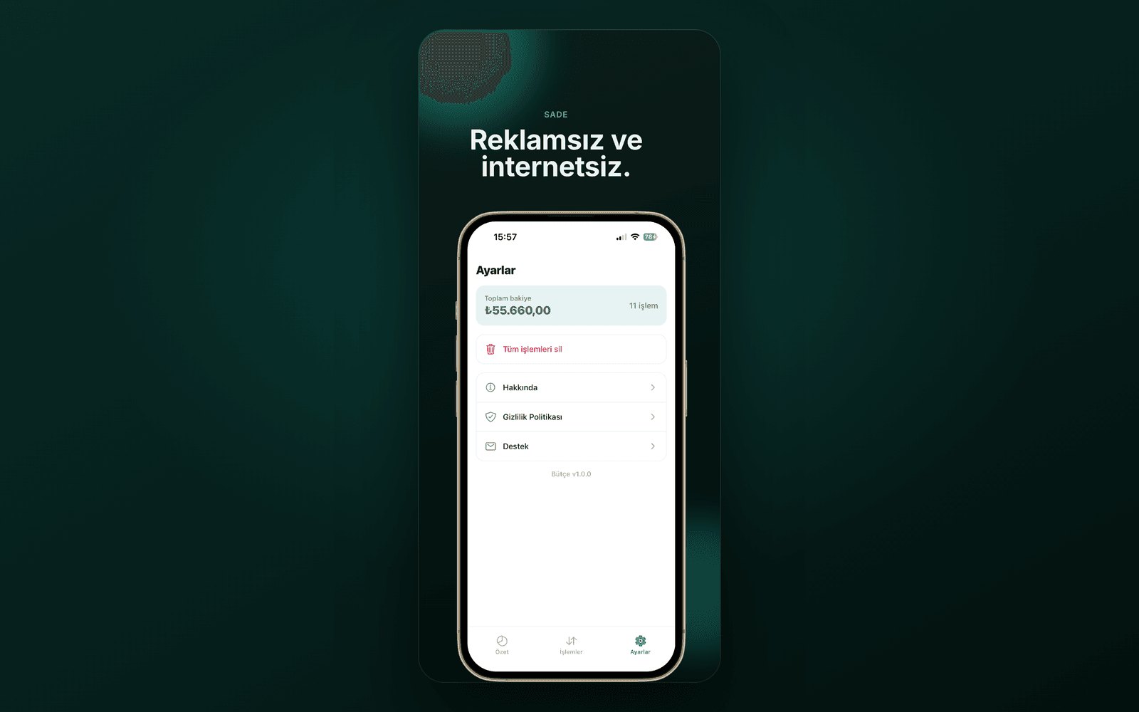 Bütçe — reklamsız, çevrimdışı ayarlar ekranı