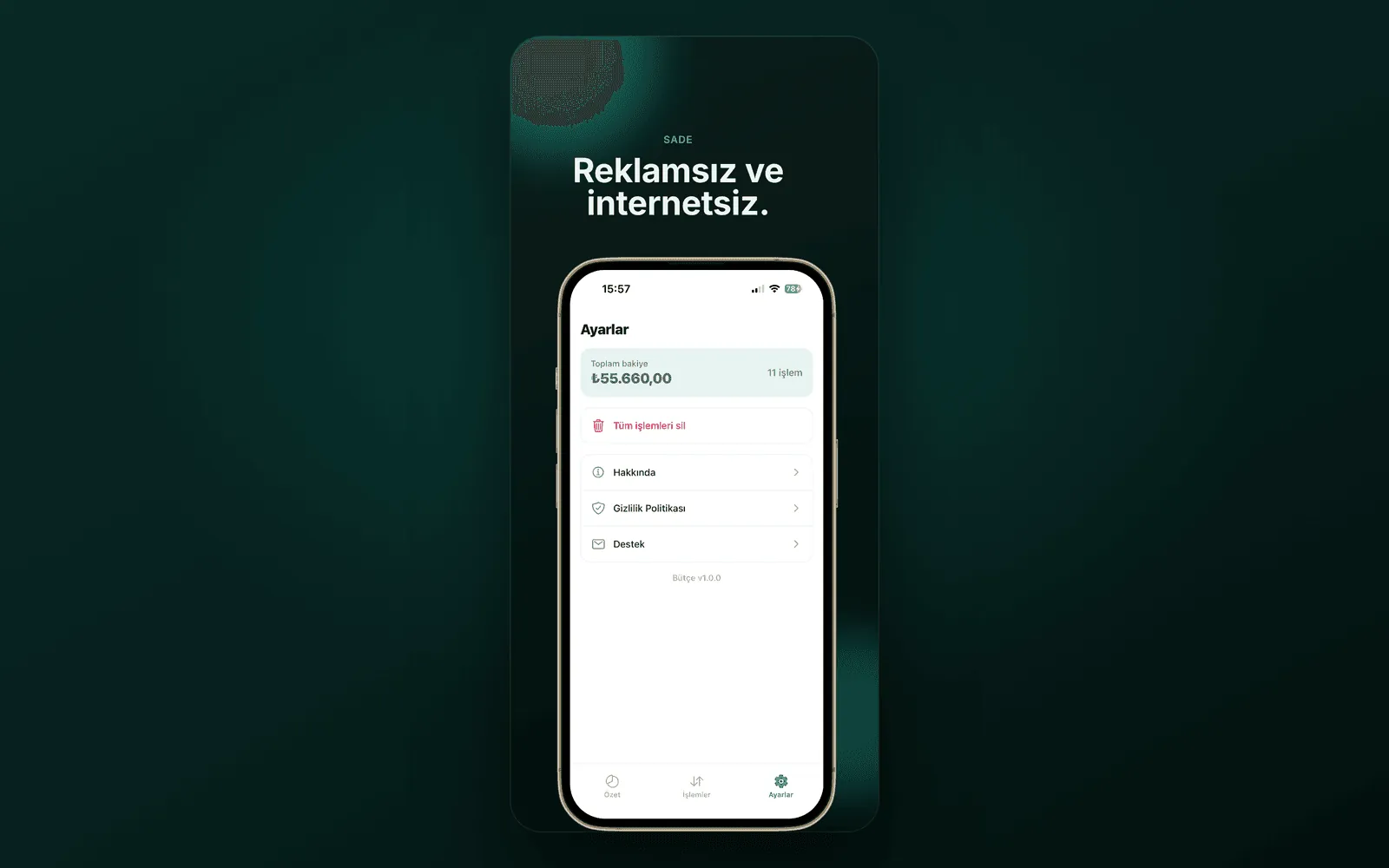 Bütçe — reklamsız, çevrimdışı ayarlar ekranı