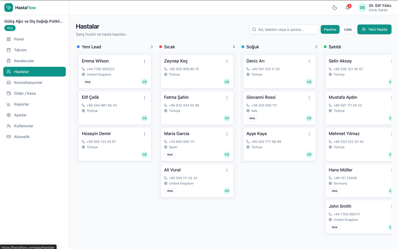 HastaFlow — hasta pipeline kanban görünümü