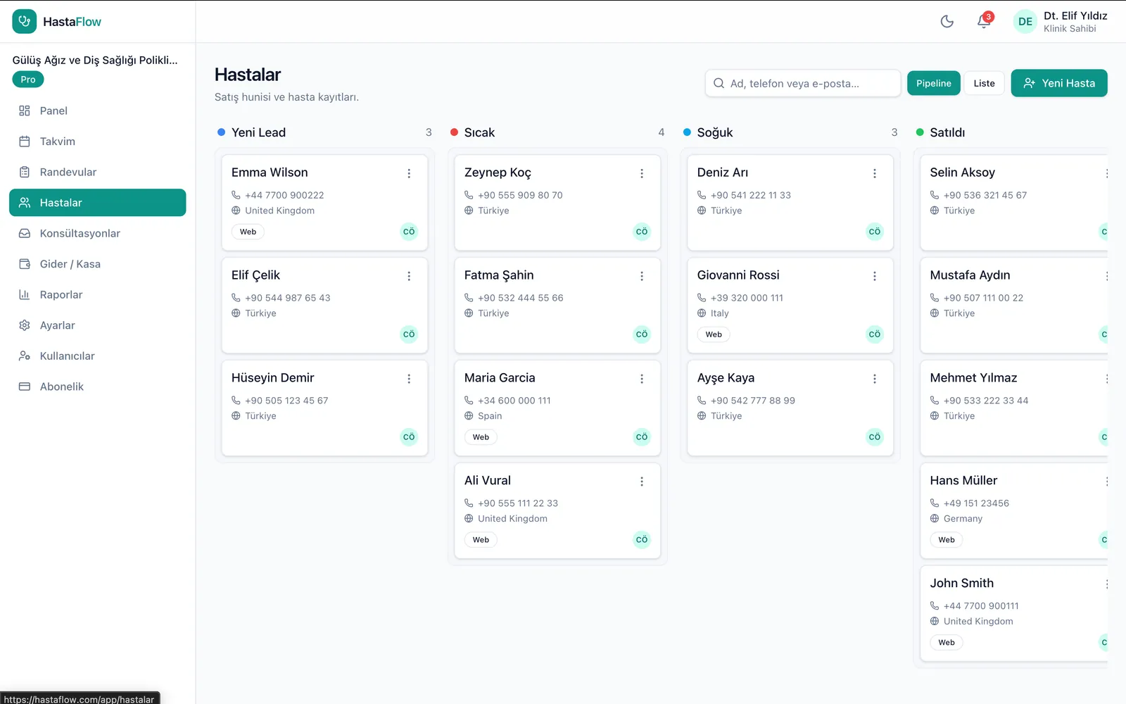 HastaFlow — hasta pipeline kanban görünümü