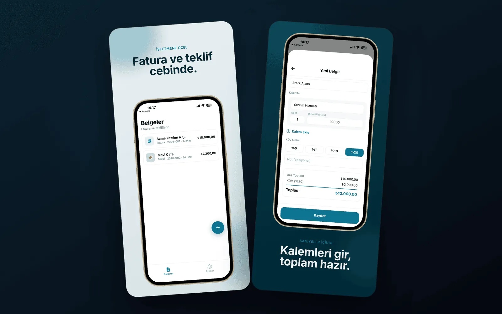 Invoice Fatura — belgeler listesi ve fatura oluşturma ekranları