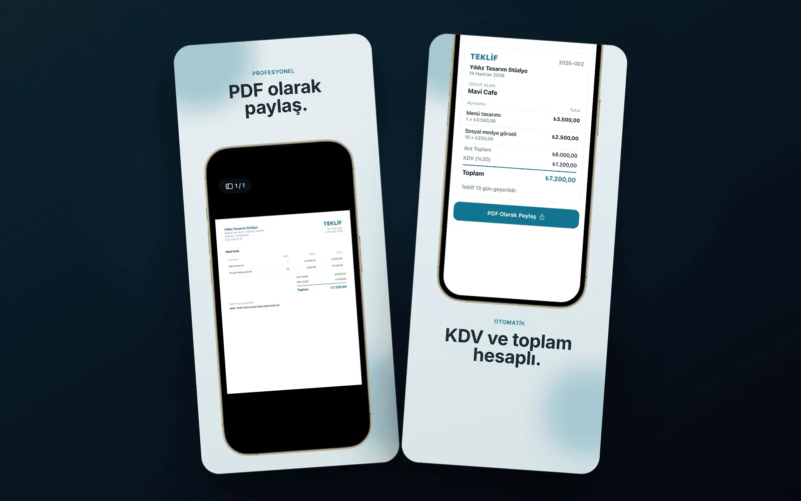 Invoice Fatura — PDF paylaşımı ve otomatik KDV hesaplama ekranları