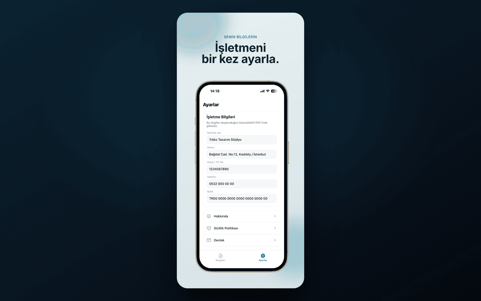 Invoice Fatura — işletme bilgileri ayarları ekranı
