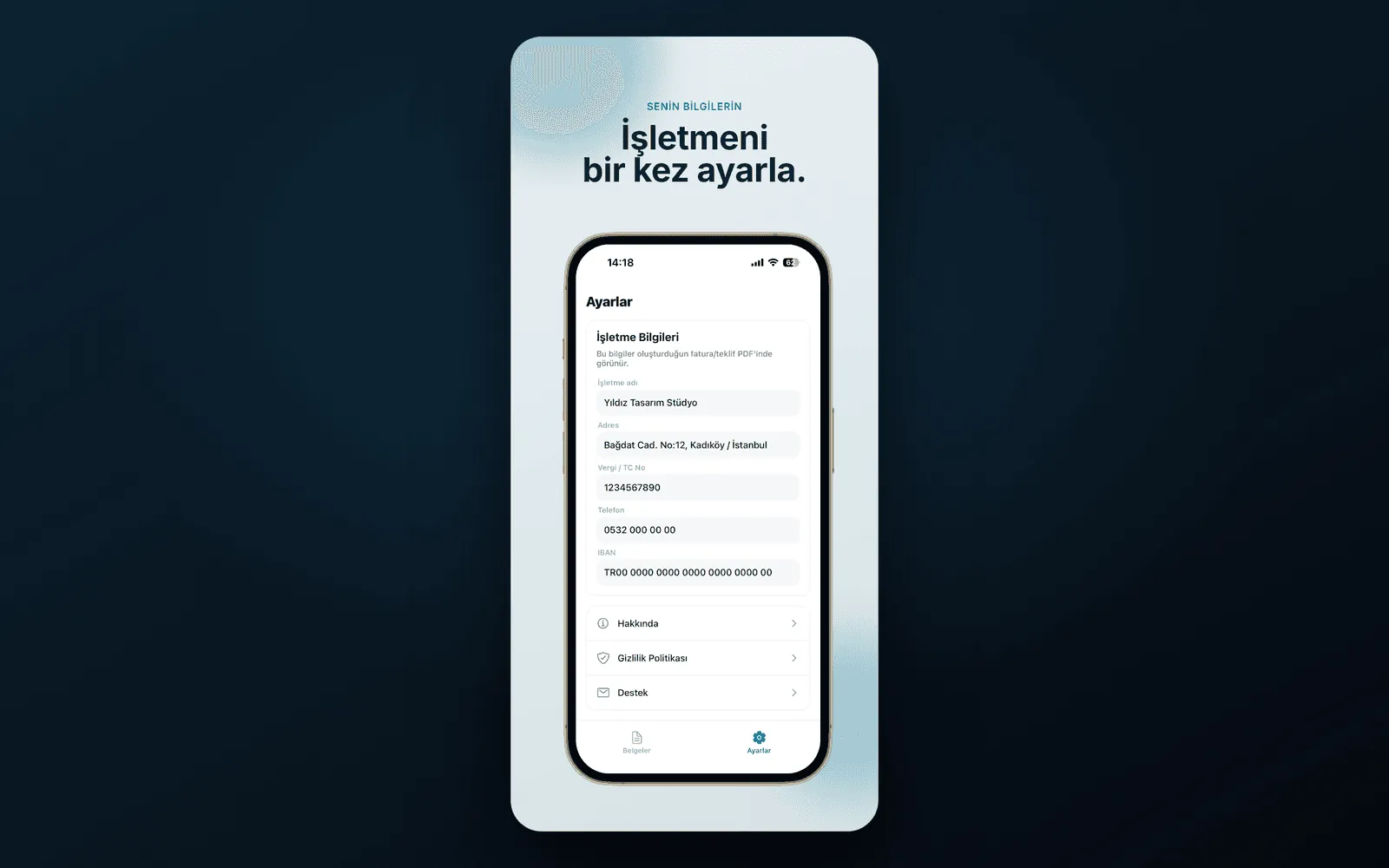 Invoice Fatura — işletme bilgileri ayarları ekranı