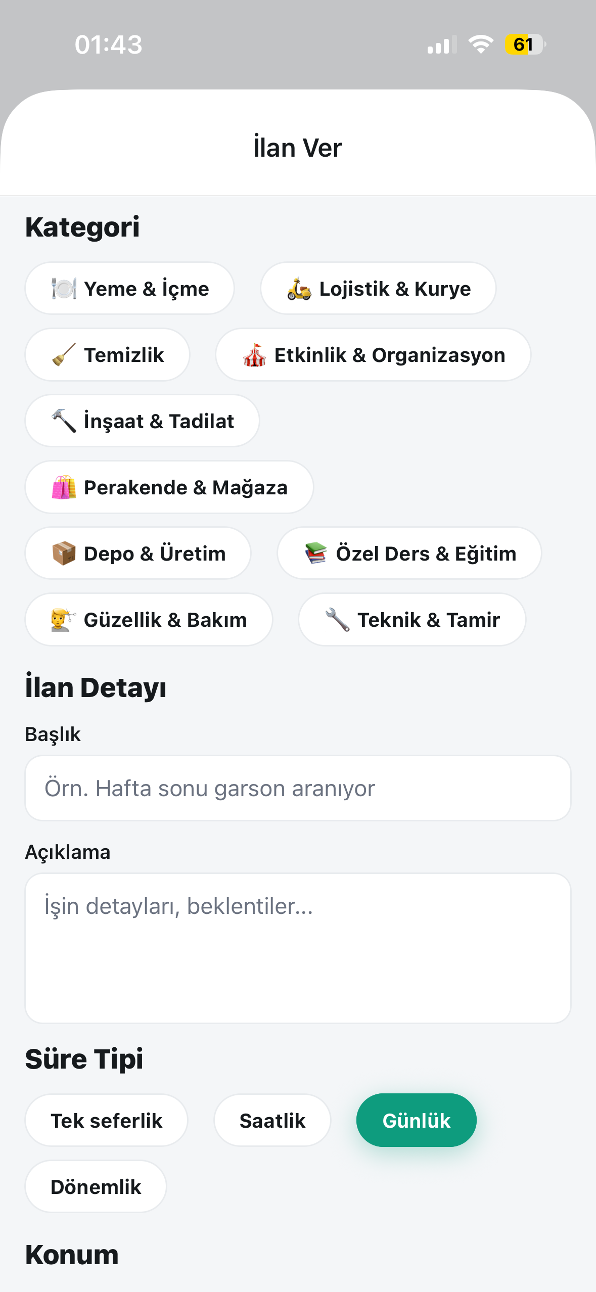 İşinizBurada — kategori seçimi ve ilan verme ekranı