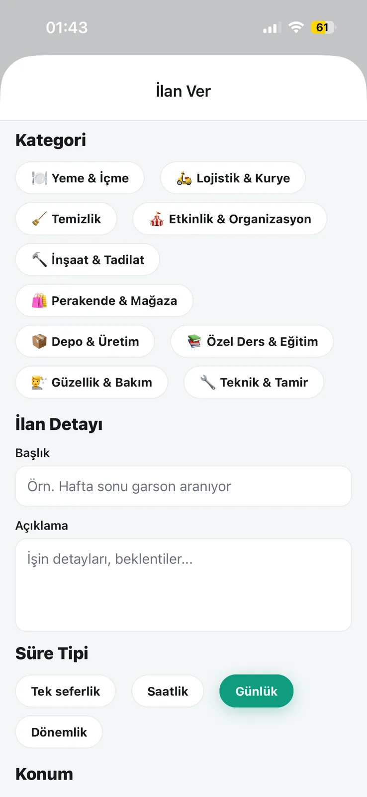 İşinizBurada — kategori seçimi ve ilan verme ekranı