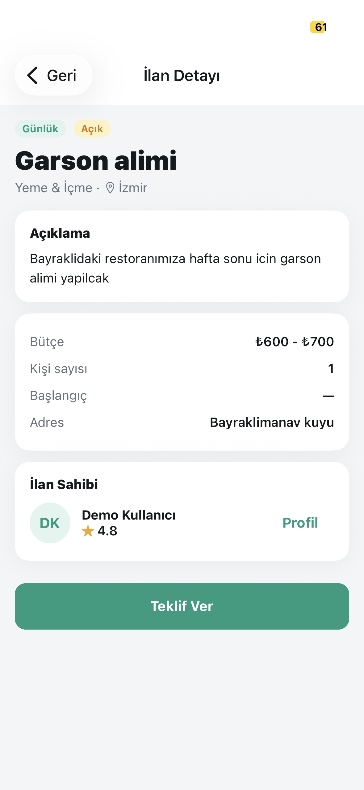 İşinizBurada — ilan detayı ve teklif verme ekranı