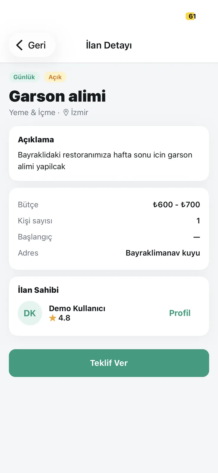 İşinizBurada — ilan detayı ve teklif verme ekranı