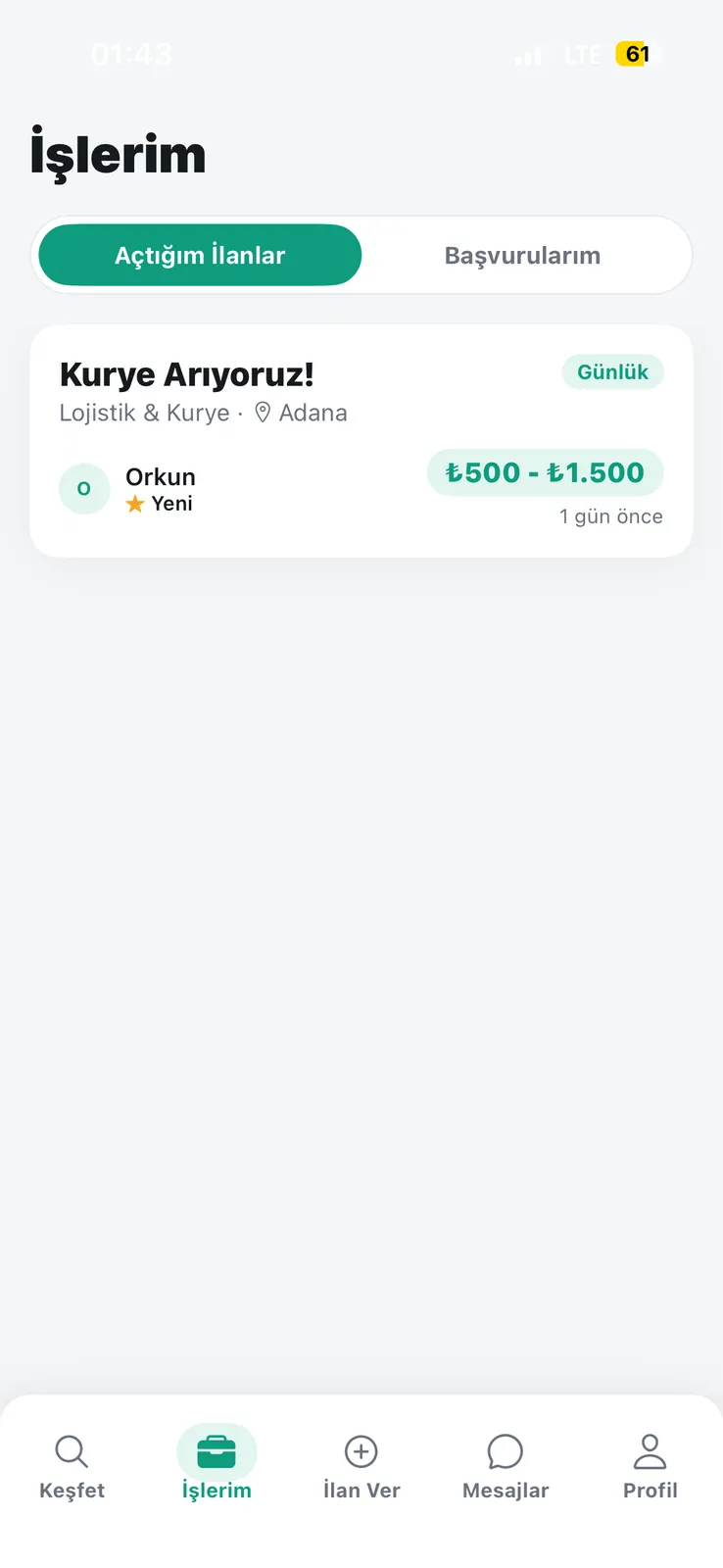 İşinizBurada — açtığım ilanlar ve başvurularım ekranı
