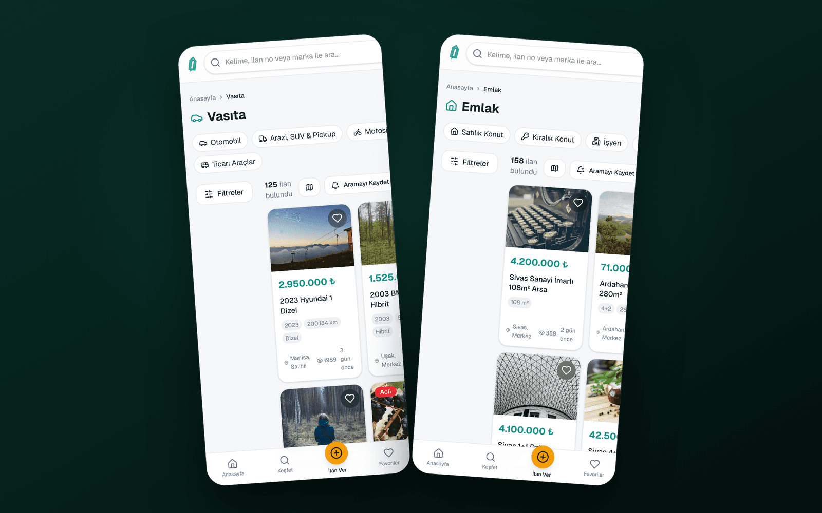 istesat.com — vasıta ve emlak kategori listeleme ekranları