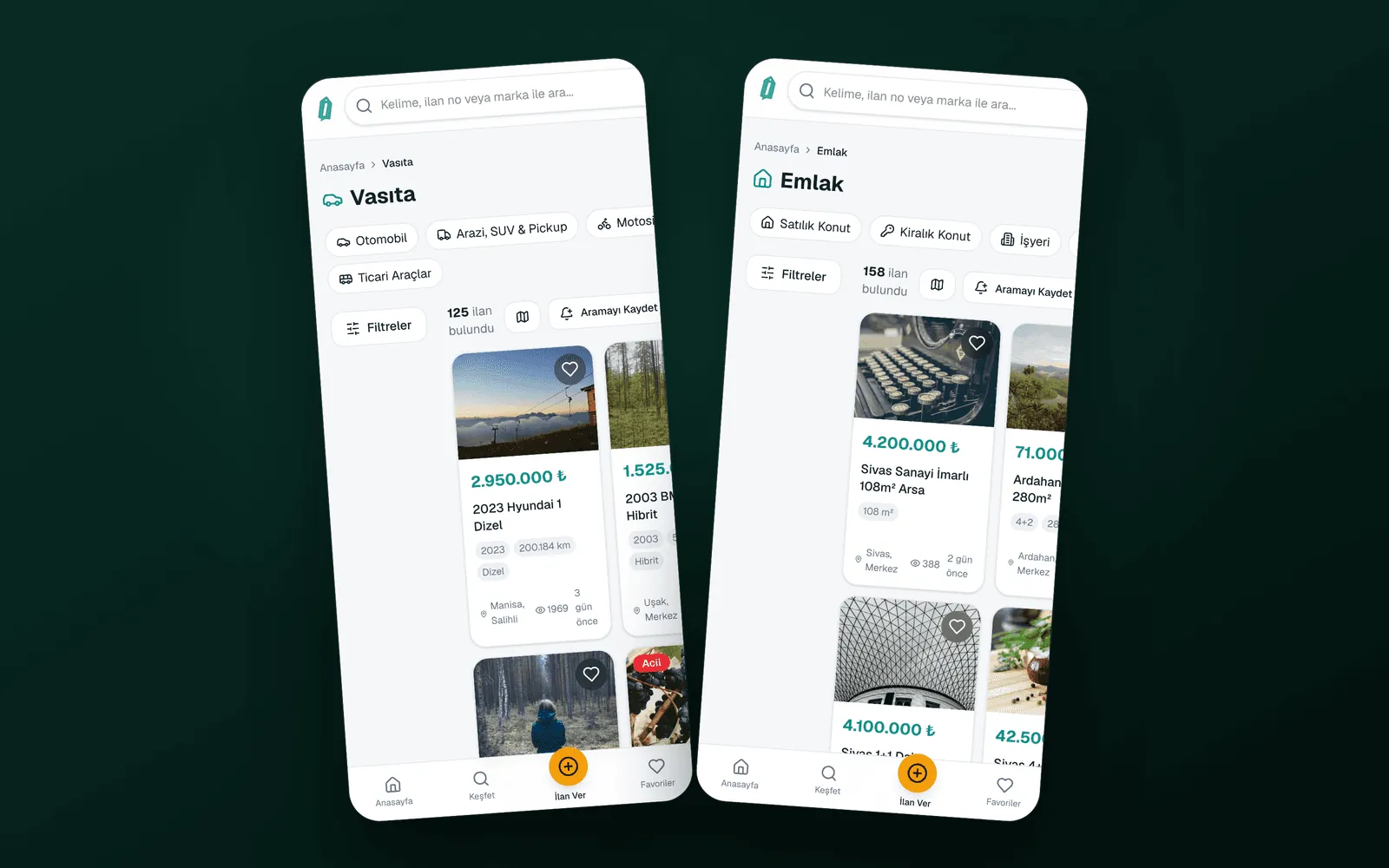 istesat.com — vasıta ve emlak kategori listeleme ekranları