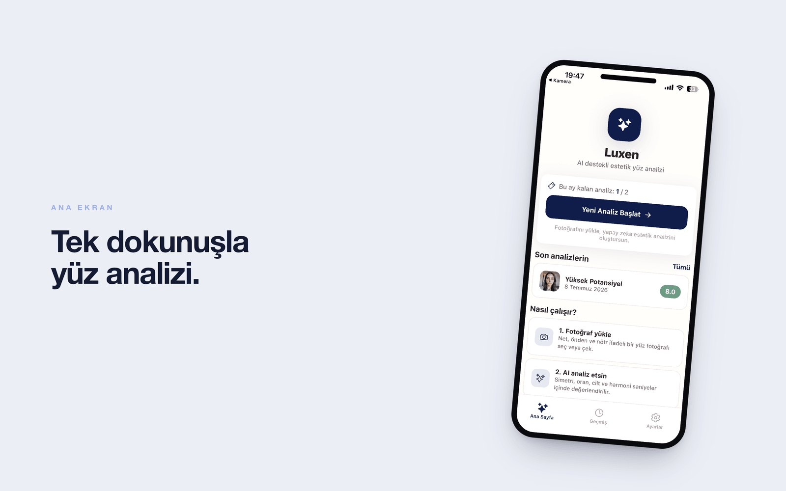 Luxen — ana ekran, kalan analiz hakkı ve yeni analiz başlatma