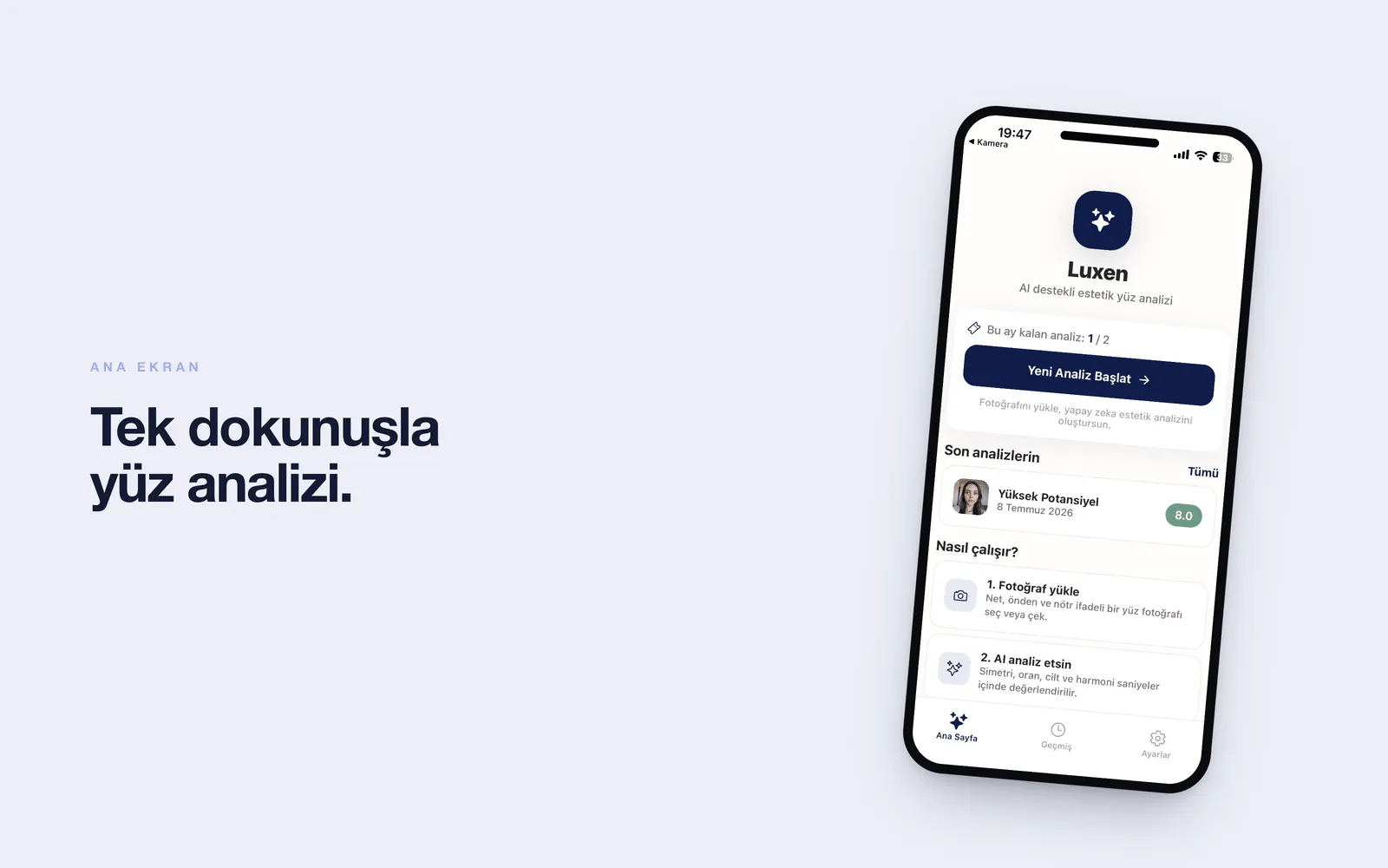 Luxen — ana ekran, kalan analiz hakkı ve yeni analiz başlatma