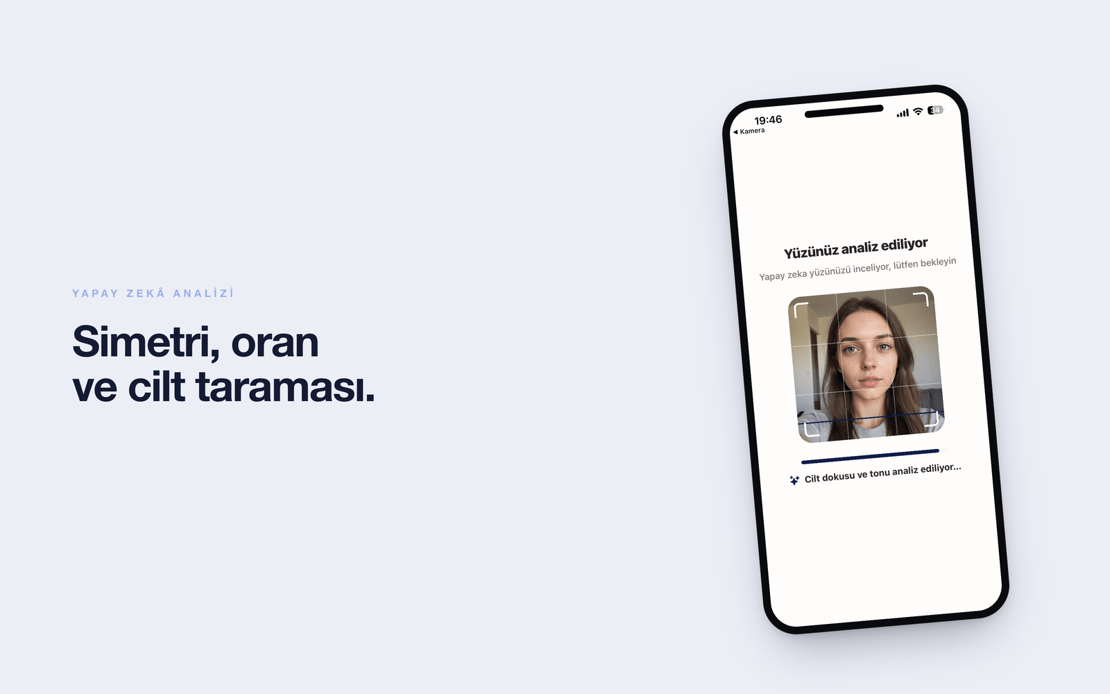 Luxen — yüz tarama animasyonu ile simetri, oran ve cilt analizi