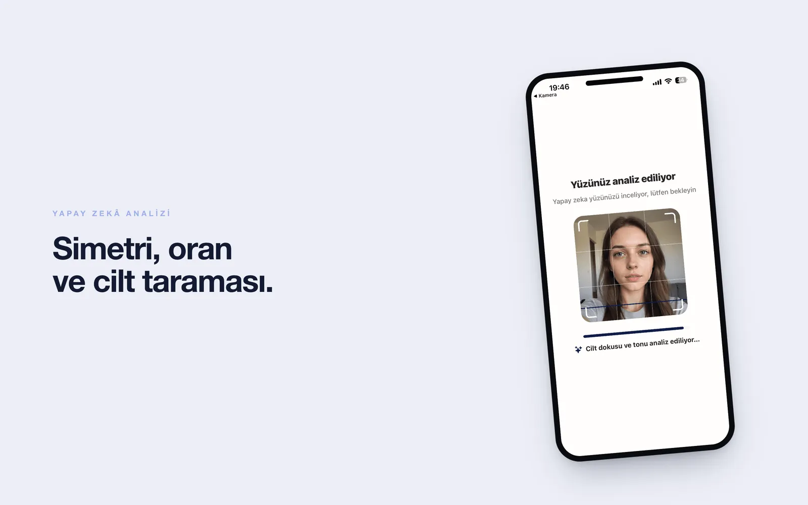 Luxen — yüz tarama animasyonu ile simetri, oran ve cilt analizi
