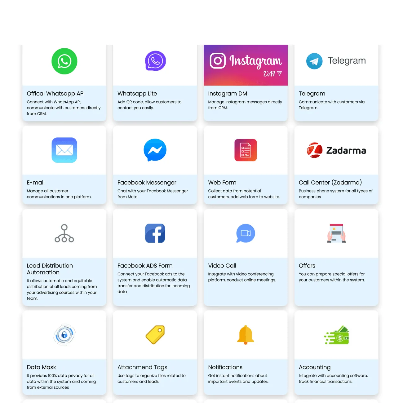 MetoCRM — WhatsApp API, Instagram DM, Telegram, çağrı merkezi, video, lead dağıtımı, teklif, muhasebe modülleri