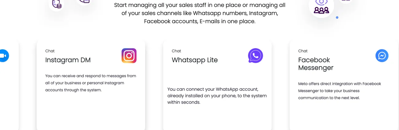 MetoCRM — Instagram DM, WhatsApp Lite ve Facebook Messenger entegrasyon kartları