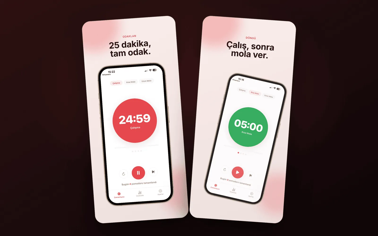 Pomodoro — 25 dakikalık odak zamanlayıcısı ve mola ekranları