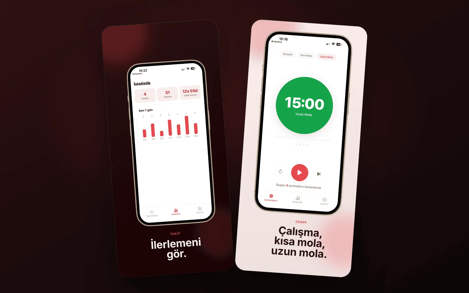 Pomodoro — istatistik, 7 günlük grafik ve ayarlanabilir süreler