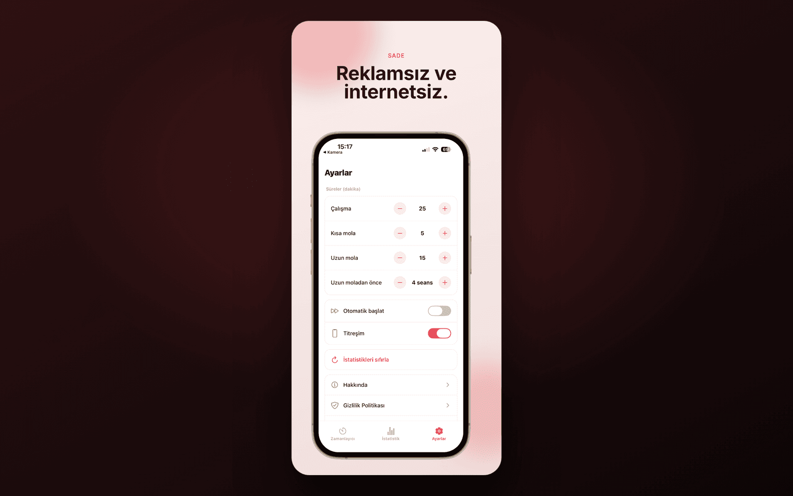 Pomodoro — reklamsız, çevrimdışı ayarlar ekranı
