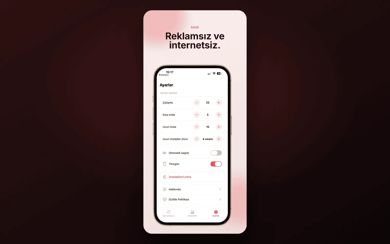 Pomodoro — reklamsız, çevrimdışı ayarlar ekranı