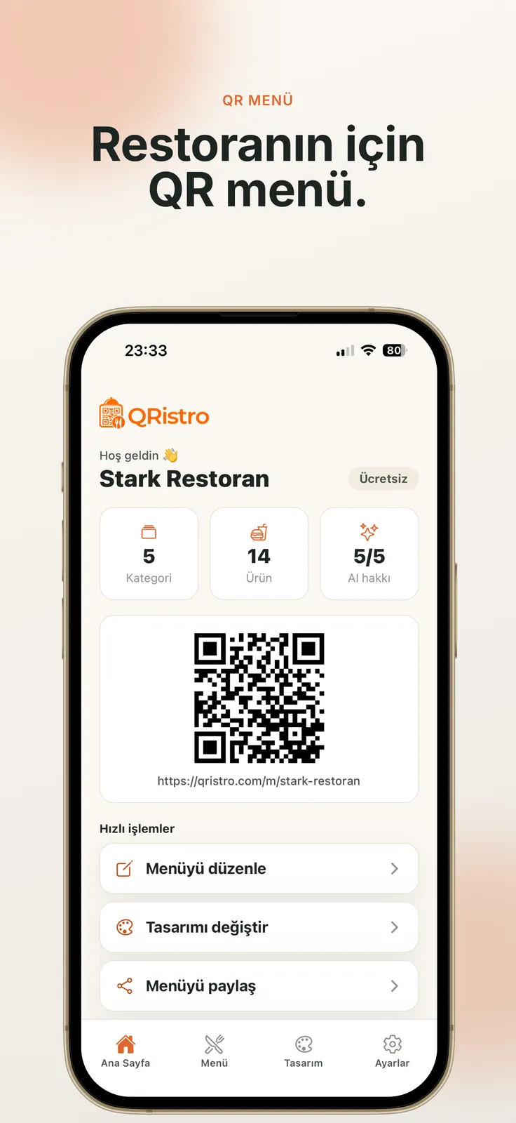 QRistro — restoran paneli, kategori/ürün sayısı ve menü QR kodu ekranı
