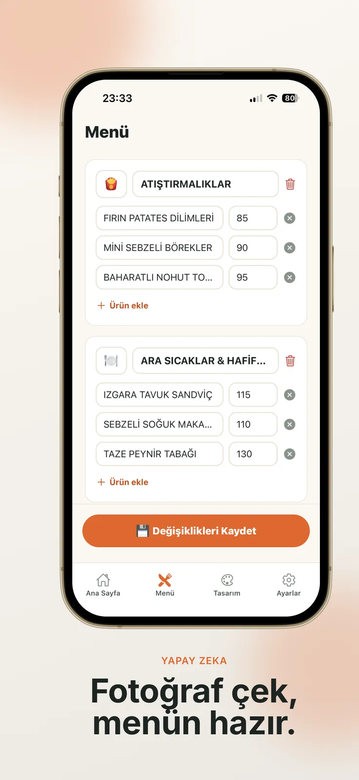 QRistro — menü düzenleme ve yapay zekâ ile fotoğraftan menü oluşturma ekranı