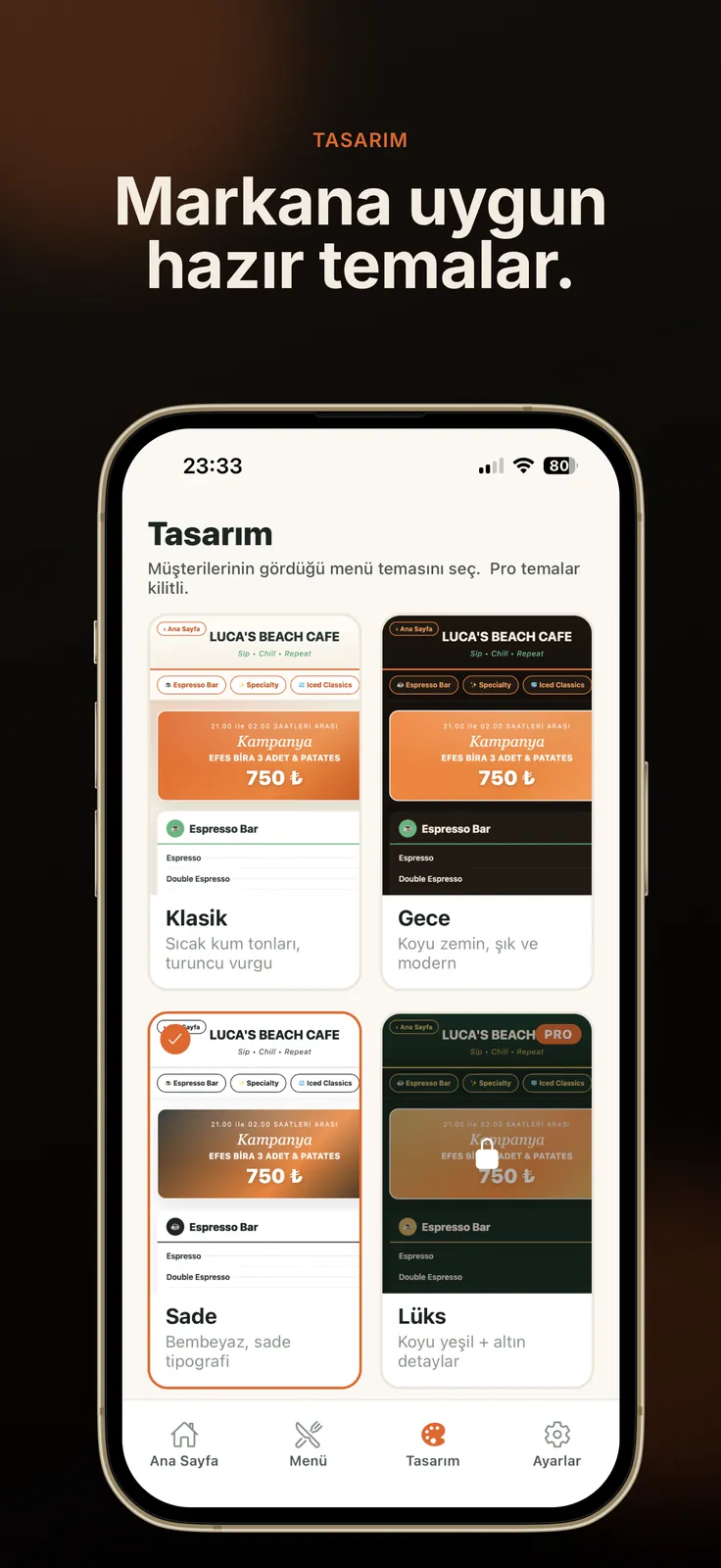 QRistro — Klasik, Gece, Sade ve Lüks hazır menü temaları seçim ekranı