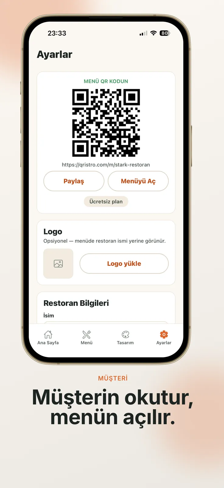 QRistro — menü QR kodu, logo yükleme ve restoran bilgileri ayar ekranı