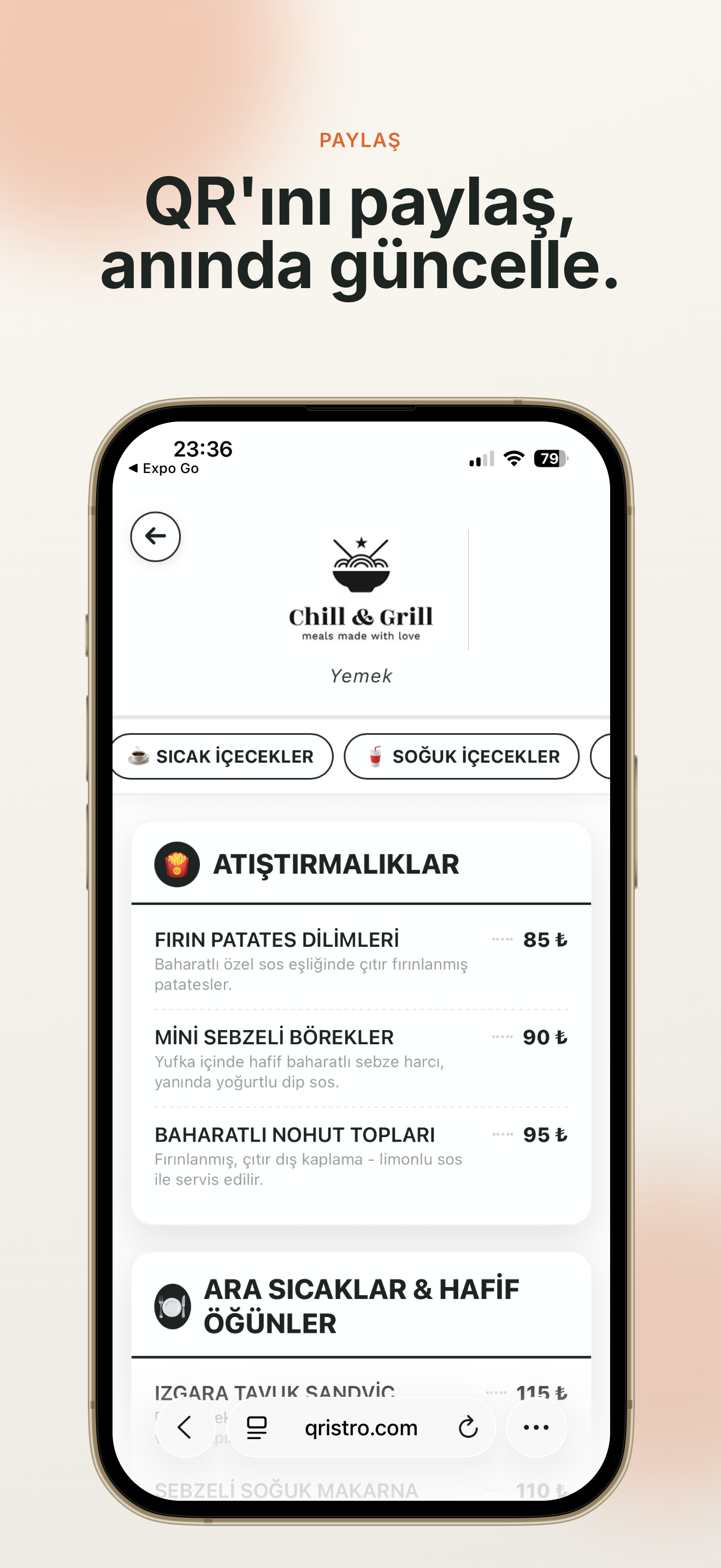 QRistro — müşterinin gördüğü, kategorilere ayrılmış dijital menü ekranı