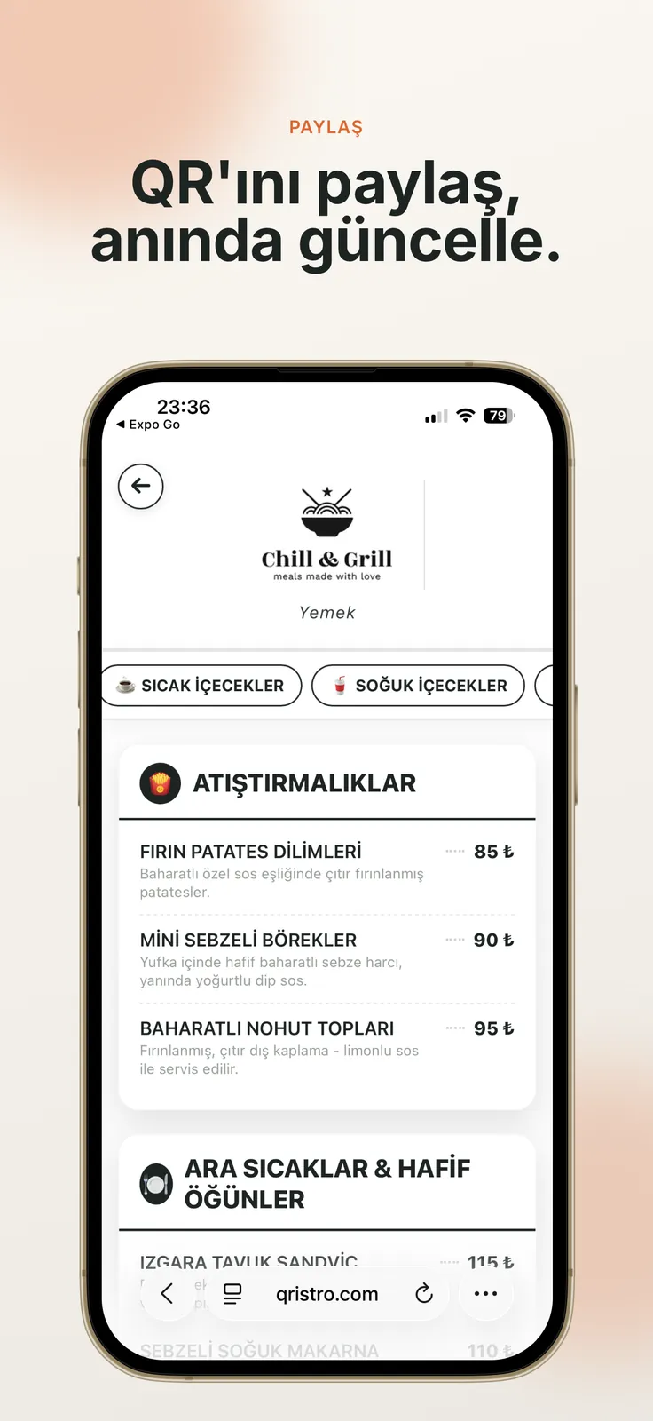 QRistro — müşterinin gördüğü, kategorilere ayrılmış dijital menü ekranı