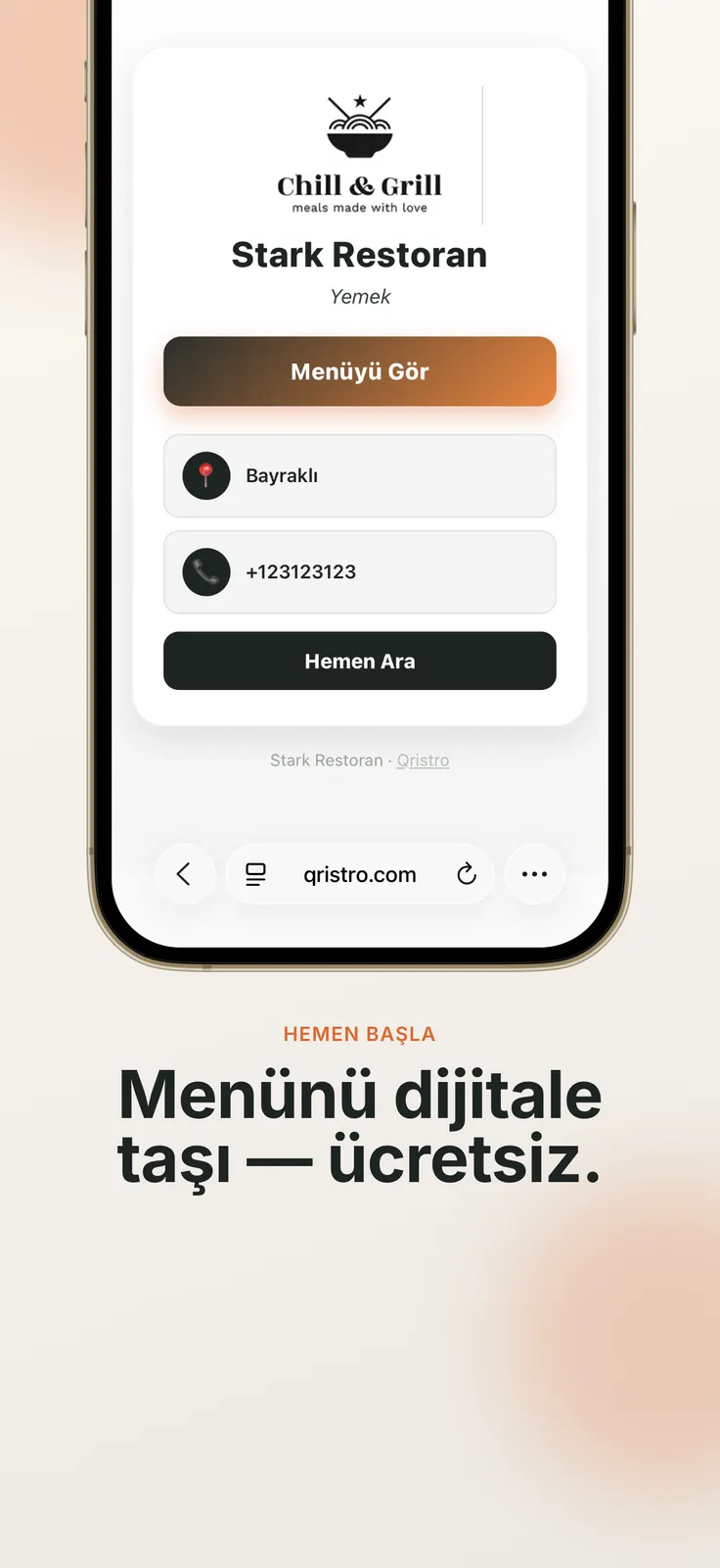 QRistro — müşteri için restoran karşılama kartı ve menüyü gör ekranı