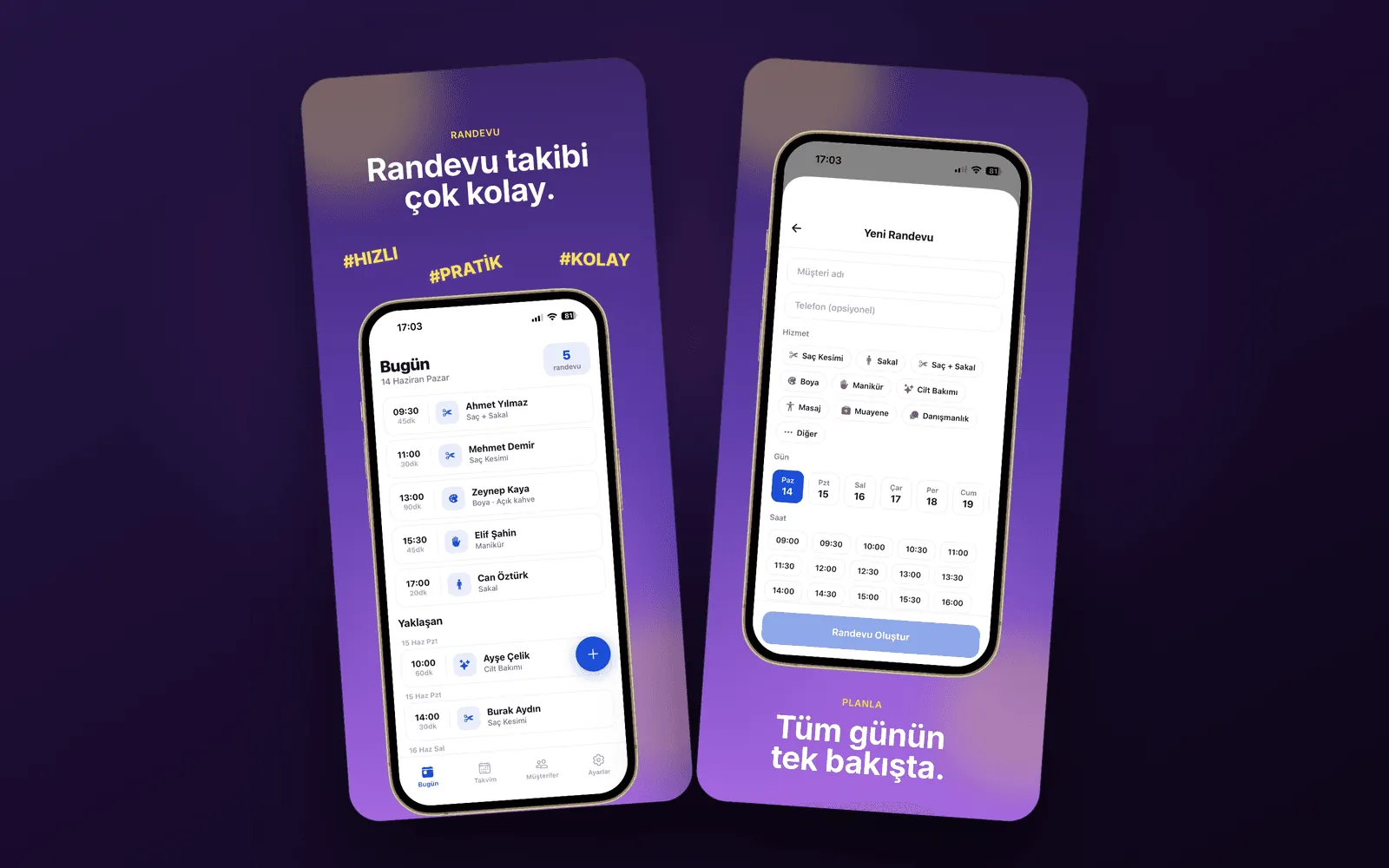 Randevu — bugünün randevuları ve takvim ekranları