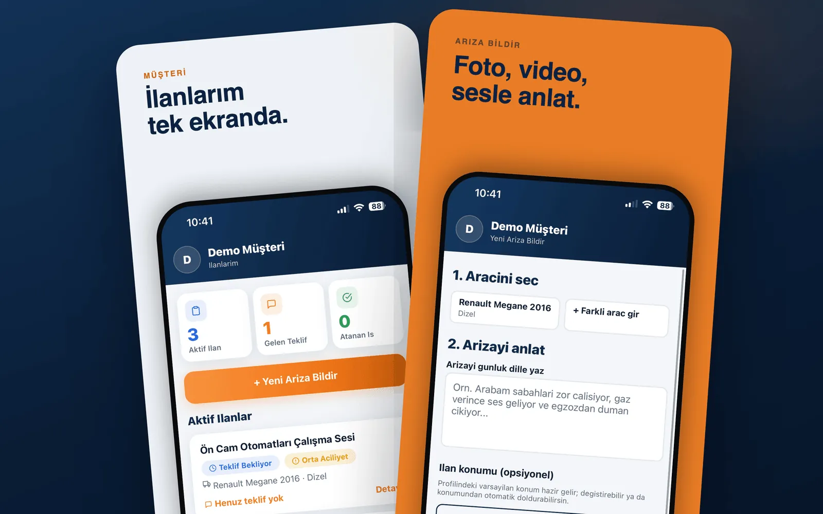 Sanayiden Teklif — araç sahibinin ilanları ve foto/video/sesle arıza bildirme ekranları