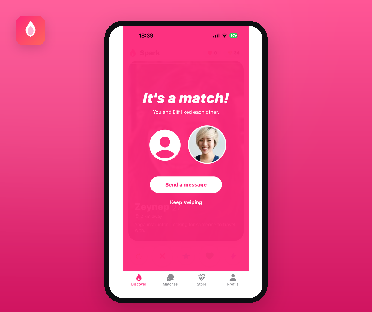 Spark — iki kişi birbirini beğendiğinde çıkan eşleşme ekranı