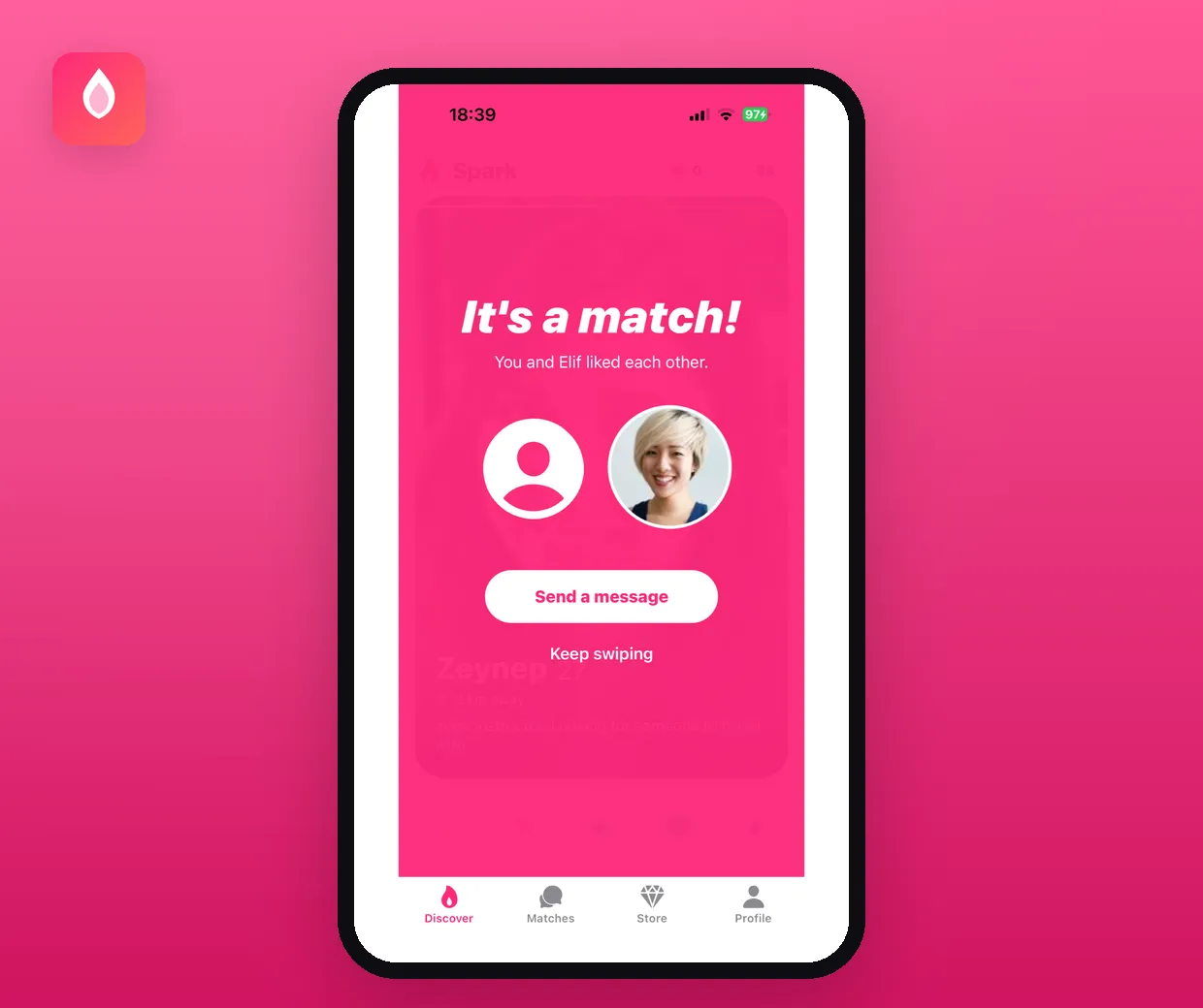 Spark — iki kişi birbirini beğendiğinde çıkan eşleşme ekranı